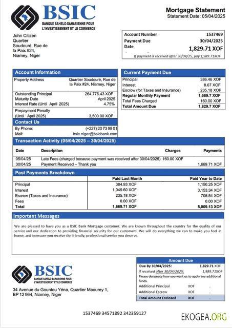 Modèle Word et PDF de relevé hypothécaire de la Banque BSIC du Niger
